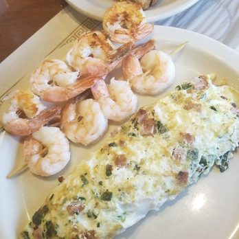 Farmer Boy Restaurant - Egg white omnlette with spinach, ham and provolone cheese...and a few shrimp skewers on the side! - New American Near Me - Akron, Ohio