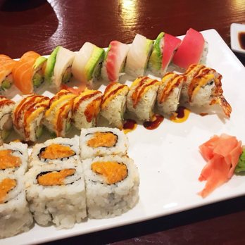 Oishi Sushi - Top to bottom: Rainbow roll, shrimp tempura roll, and spicy salmon. - Sushi Bars Near Me - Willowbrook, Illinois