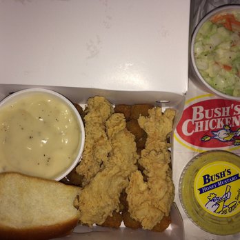 Bush's Chicken - Tenders, fried okra, coleslaw, gravy, bread and honey mustard sauce - New American Near Me - Killeen, Texas Bush's Chicken - Tenders, fried okra, coleslaw, gravy, bread and honey mustard sauce - New American Near Me - Killeen, Texas