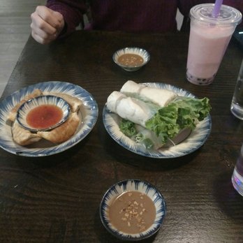 Pho Ha - Tofu spring rolls with peanut sauce, pot stickers, and strawberry bubble tea - Vietnamese Near Me - Shoreline, Washington Pho Ha - Tofu spring rolls with peanut sauce, pot stickers, and strawberry bubble tea - Vietnamese Near Me - Shoreline, Washington