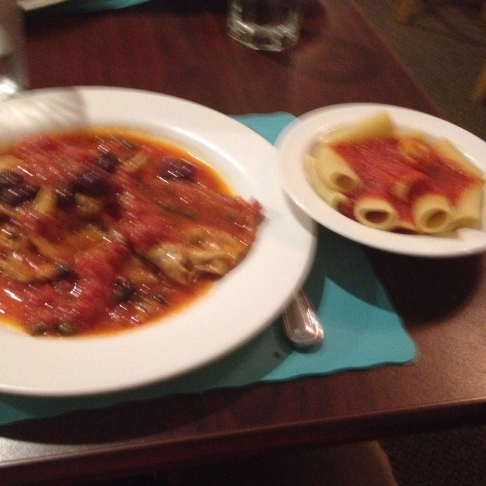 Leone's Trattoria - Veal Pizzaiola with Rigatoni Pasta (Sorry for blurriness) - Italian Near Me - North Brunswick, New Jersey