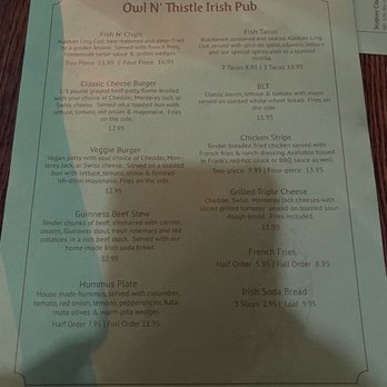 Owl'n Thistle Irish Pub - Front of the menu - Irish Near Me - Seattle, Washington
