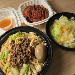 Braised Minced Pork Noodle, Crispy Fried Roast Pork, Sautéed Cabbage