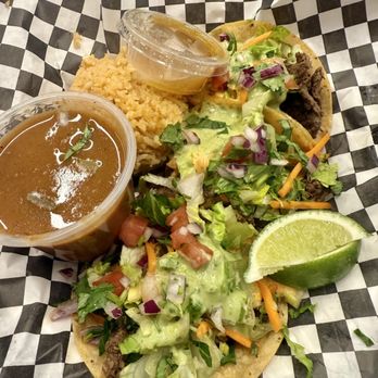 Taco Love Mobile Catering - 3 surf and turf tacos w/ rice and beans on the side. - Tacos Near Me - San Diego, California Taco Love Mobile Catering - 3 surf and turf tacos w/ rice and beans on the side. - Tacos Near Me - San Diego, California