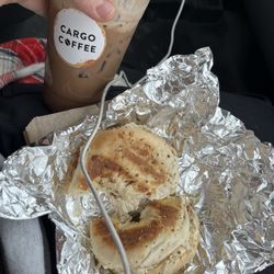 Cargo Coffee - Everything bagel. Veggie cream cheese. Black Forest Cake Latte.