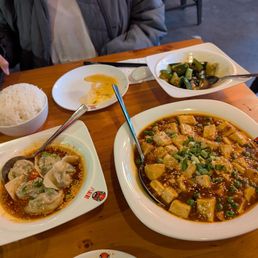 Cucumber salad, chili oil vegan wontons, mapo tofu and rice Cucumber salad, chili oil vegan wontons, mapo tofu and rice