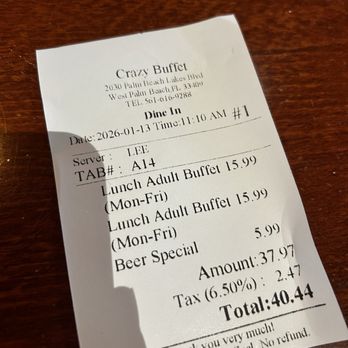Crazy Buffet - Bill for 2 - Buffets Near Me - West Palm Beach, Florida