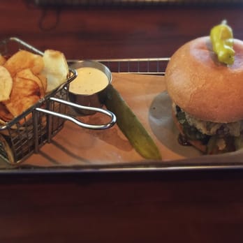 Hops Burger Bar - Pickled burger and chips - Burgers Near Me - Greensboro, North Carolina