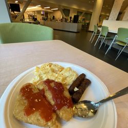 Shorenstein Family Cafe - $5 Breakfast. They open at 7am daily. Eggs, sausage, hash browns.
