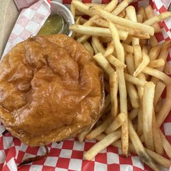 Maple Beach Resort & Grill - Cheeseburger and Fries - delicious! Best toasted bun - add the grilled onions