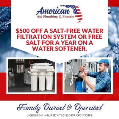 New Promos - American Air, Plumbing & Electric is a family-owned and operated company offering affordable, licensed, and insured home services. Current specials include $69 HVAC service calls, $50 off plumbing service calls, $500 off salt-free water filtration systems, and free plumbing assessments. Customers can also take advantage of tankless water heater installations with free electrical upgrades. All offers are valid Monday–Friday during business hours.