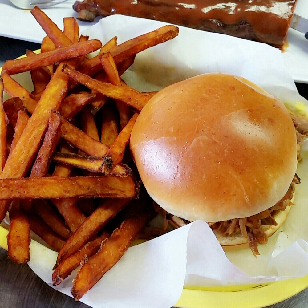 Porky's BBQ - Pulled pork sandwich & sweet potato fries - Barbeque Near Me - Arlington Heights, Illinois Porky's BBQ - Pulled pork sandwich & sweet potato fries - Barbeque Near Me - Arlington Heights, Illinois