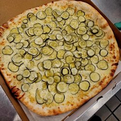 Six South Pizza - 18" Pickle Pizza, double pickle.  Garlic Parm base, dill, mozzarella, pecorino romano, and kosher dill chips