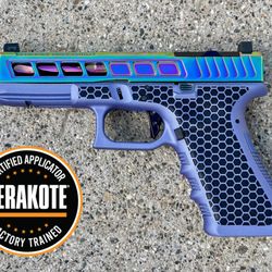 Skunk Bear Tactical - Glock 17 in Cerakote Crushed Orchid (H-314) and complementing Zafiri Precision slide with  our classic Honeycomb laser stipple.