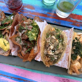 La Lupita - Cheese crust pastor (2 on the left), green chicken mole (middle), chipotle shrimp (right) - Tacos Near Me - Cabo San Lucas, BCS La Lupita - Cheese crust pastor (2 on the left), green chicken mole (middle), chipotle shrimp (right) - Tacos Near Me - Cabo San Lucas, BCS