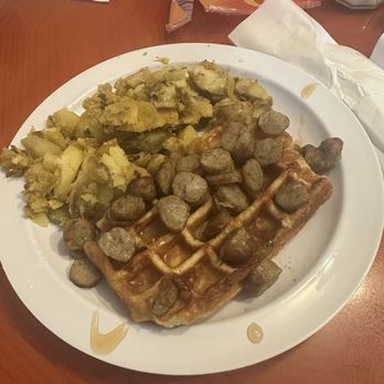 The Sloppy Waffle - Bacon or Sausage Waffle - Belgian Near Me - Newington, Connecticut The Sloppy Waffle - Bacon or Sausage Waffle - Belgian Near Me - Newington, Connecticut