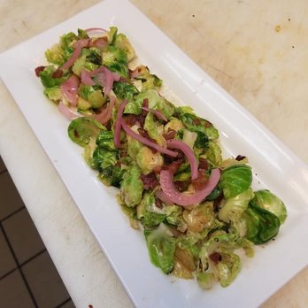 Element 41 - Maple Bourbon Glazed Brussel Sprouts: Sautéed with applewood smoked bacon, topped with pickled onion and maple syrup - Seafood Near Me - Chardon, Ohio