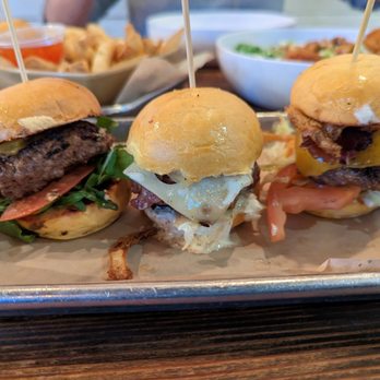 Burger Bench - Slider sampler: Fig jam, Mushroom Swiss, Smokehouse - American Near Me - Escondido, California Burger Bench - Slider sampler: Fig jam, Mushroom Swiss, Smokehouse - American Near Me - Escondido, California
