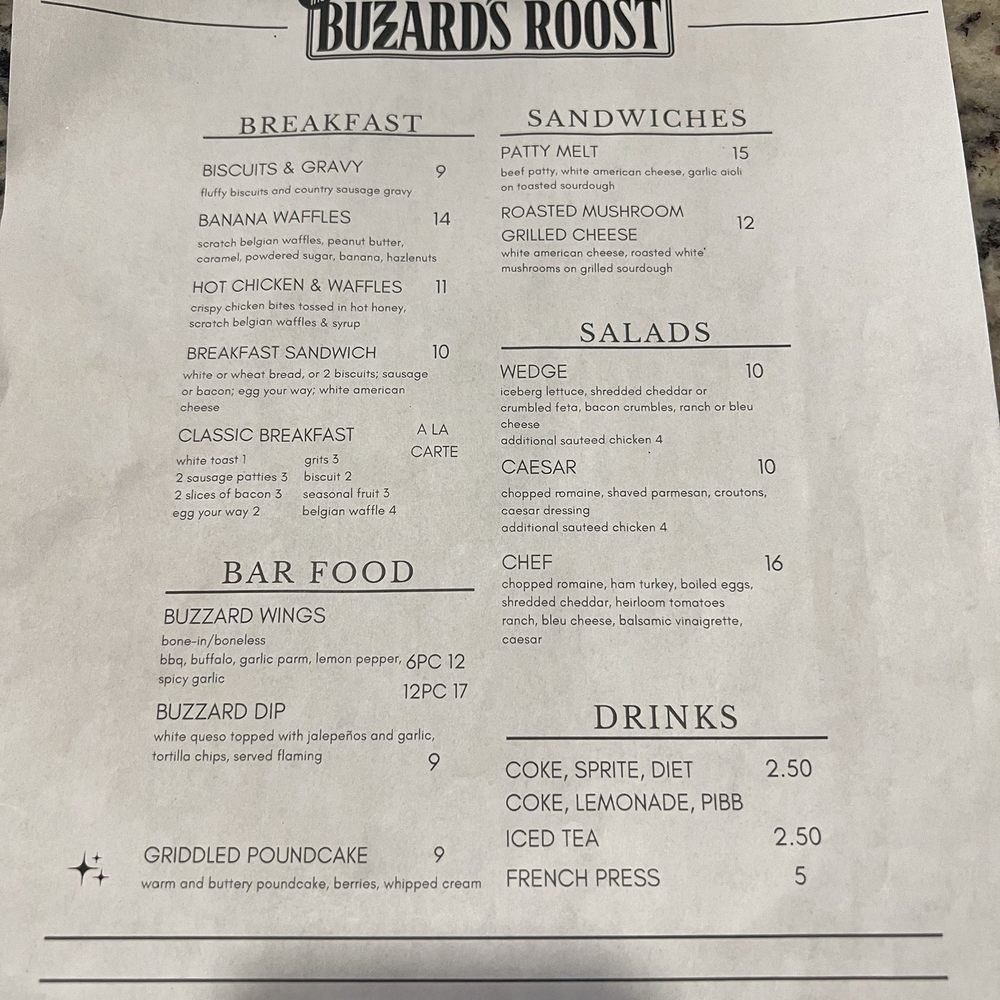 The Buzzard's Roost Bar & Inn - Menu - Bed & Breakfast Near Me - Laurel, Mississippi The Buzzard's Roost Bar & Inn - Menu - Bed & Breakfast Near Me - Laurel, Mississippi
