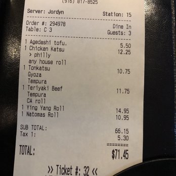 Taiko Sushi - Grand total cost of our meal for 3. - Sushi Bars Near Me - Folsom, California Taiko Sushi - Grand total cost of our meal for 3. - Sushi Bars Near Me - Folsom, California