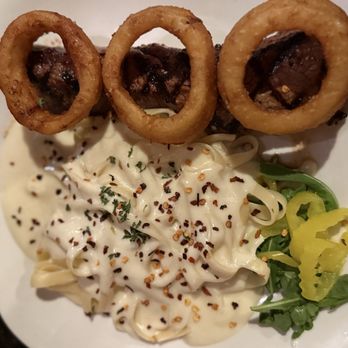 Vince's Ristorante - Steak and Pasta with extra onion rings after I doctored it up - Italian Near Me - West Sacramento, California Vince's Ristorante - Steak and Pasta with extra onion rings after I doctored it up - Italian Near Me - West Sacramento, California