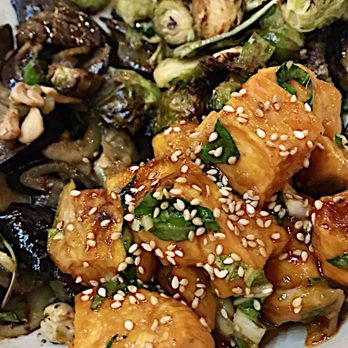 Flower Child - Mix & match 3-veg $9 plate - sweet potato, eggplant, Brussels sprouts. Good stuff. - Salad Near Me - Austin, Texas