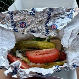 A Chicago dog at a ballpark. It doesnt get any better! Wrigley Field!