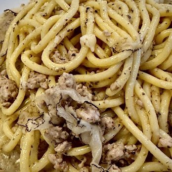 Spina - Detail of ground homemade sausage w truffle shavings - Italian Near Me - Los Angeles, California Spina - Detail of ground homemade sausage w truffle shavings - Italian Near Me - Los Angeles, California