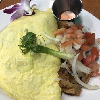 Guieb Cafe - Adobo Fried Rice Omelette with Lechon Kawali - New American Near Me - Honolulu, Hawaii Guieb Cafe - Adobo Fried Rice Omelette with Lechon Kawali - New American Near Me - Honolulu, Hawaii