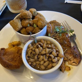 Musulyn's International Restaurant - Salmon  glazed, cornbread, okra , black eyed peas peas - Soul Food Near Me - Covington, Georgia