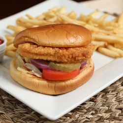 Halal Bitez gyro & kabob - Chicken Burger
Ketchup, Mayonnaise, American Cheese, Onion, Tomato, Lettuce, Pickle with side Fries.