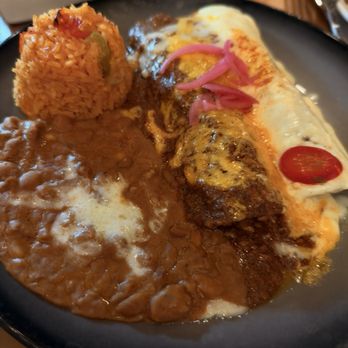 San Miguel TexMex Cuisine - Beef enchilada and chicken enchilada with rice and beans - Mexican Near Me - Lewisville, Texas