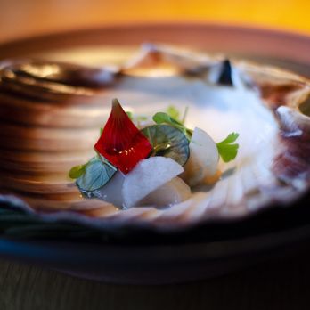 Oaxen Krog - Scallop marinated in shellfish garum, labrador tea & buttermilk - Modern European Near Me - Stockholm, Alberta Oaxen Krog - Scallop marinated in shellfish garum, labrador tea & buttermilk - Modern European Near Me - Stockholm, Alberta