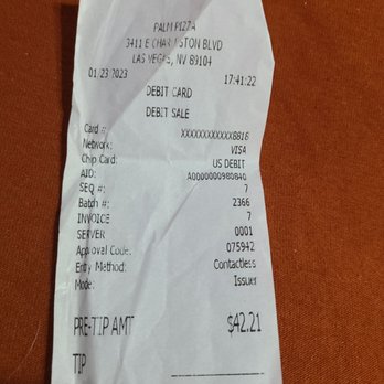 Palm Pizza - the receipt for the restaurant - Pizza Near Me - Las Vegas, Nevada
