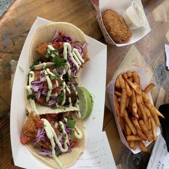 Deckhand Dave's Fish Tacos - Fish taco sampler with fries and halibut cake - Food Trucks Near Me - Juneau, Alaska Deckhand Dave's Fish Tacos - Fish taco sampler with fries and halibut cake - Food Trucks Near Me - Juneau, Alaska