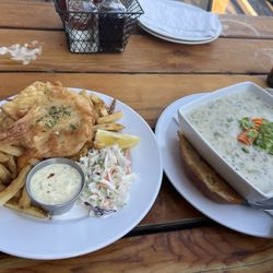 The Narrows Floating Restaurant - Halibut fish and chips + Bowl of clam chowder