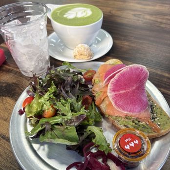 Red Berry Coffee Bar - Avocado toast with salmon & house salad. What made it stand out is the chili oil sauce. They need to bottle that up and sell it!! - Coffee & Tea Near Me - Rancho Cucamonga, California Red Berry Coffee Bar - Avocado toast with salmon & house salad. What made it stand out is the chili oil sauce. They need to bottle that up and sell it!! - Coffee & Tea Near Me - Rancho Cucamonga, California