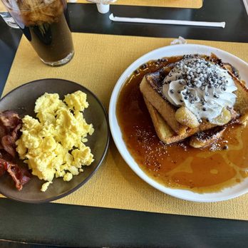 Brekki Brekki - Bananas Foster French Toast, side of bacon and eggs - Breakfast & Brunch Near Me - Albuquerque, New Mexico