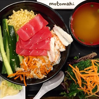 Motomaki - Built my own bowl. Ate my own bowl. Also pictured: miso soup and seaweed salad. - Japanese Near Me - Golden, Colorado Motomaki - Built my own bowl. Ate my own bowl. Also pictured: miso soup and seaweed salad. - Japanese Near Me - Golden, Colorado