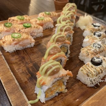 Green Leaf Cafe - Salmon Aburi Oshi, Creamy No.5, Tiger Prawn Aburi Oshi - Sushi Bars Near Me - Burnaby, British Columbia