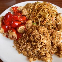 AB Chinese Restaurant - Before: chicken Lo mein, fried rice, and sweet and sour pork