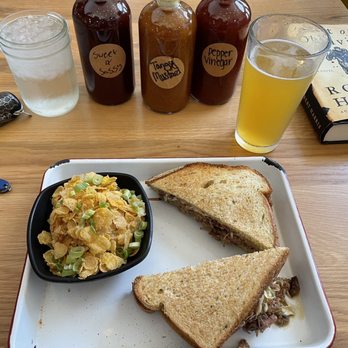 Cornbred - Hallelujah Potatoes, local craft beer, pork sandwich, sauces. - Barbeque Near Me - Ames, Iowa Cornbred - Hallelujah Potatoes, local craft beer, pork sandwich, sauces. - Barbeque Near Me - Ames, Iowa