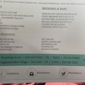 Bird Bakery - Partial menu, Nov 2019, Side 2 - Desserts Near Me - San Antonio, Texas