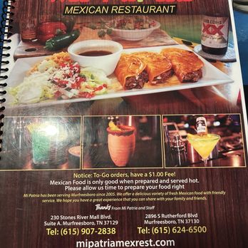 Mi patria Mexican Restaurant - Front page of menu - Mexican Near Me - Murfreesboro, Tennessee Mi patria Mexican Restaurant - Front page of menu - Mexican Near Me - Murfreesboro, Tennessee