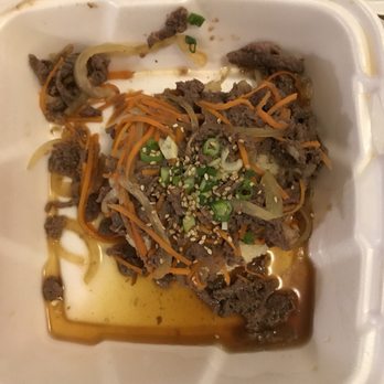 Kim Shabu - Bulgogi over rice. Just as I opened the to go box. Hope they choose the container accordingly if the food won't fill up the box. - Korean Near Me - Houston, Texas