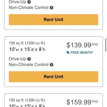 StorageMart - Screenshot from the StorageMart website. The photo shows the 10x15 non-climate control drive up unit for $139.99 a month. - Self Storage Near Me - Carmel, Indiana