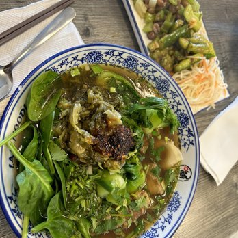 LAN Noodle - Braised beef soup with wide flat noodle. 3 appetizers with peanut salad, smashed cucumbers and shredded potato. SO GOOD - a total must try. - Chinese Near Me - Arcadia, California