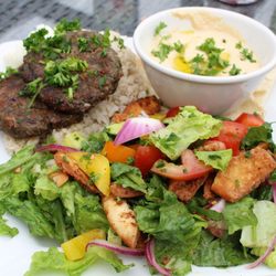 Mmm Fresh Fusion Bistro - Lebanese Platter with Fattoush Salad, hummus and pita, rice and kibbeh (spiced meat paties)