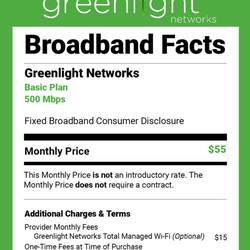 Greenlight Networks - Additional charges & fees: WiFi and installation.