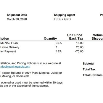 Double A Vineyard - My order confirmation with date of expected shipment. - Nurseries & Gardening Near Me - Fredonia, New York